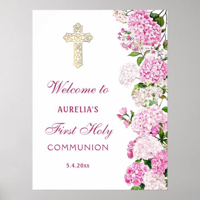 Póster Pink Hydrangea First Communion Welcome (Frente)