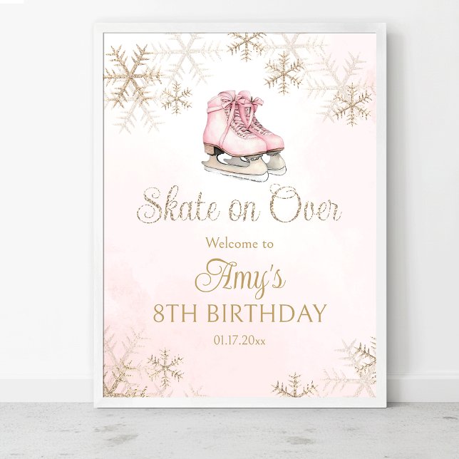 Póster Pink Ice Skating Birthday Gold Snowflakes Welcome (Subido por el creador)