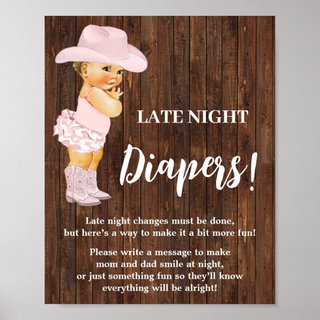Póster Pink Late Night Diapers Game Cowgirl Baby Shower (Frente)