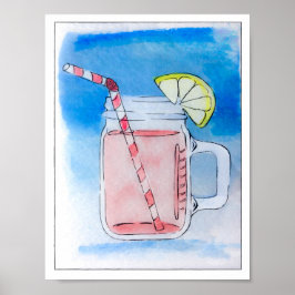 Póster PInk Lemonade Mason Jar Watercolor