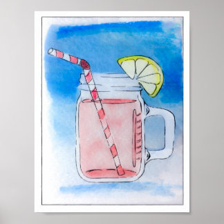Póster PInk Lemonade Mason Jar Watercolor