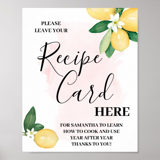 Póster Pink Lemons Leave Recipe Card Here Shower Sign (Frente)