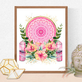 Póster Pink Mandala Crystal  Flowers Yoga Reiki Spa Boho
