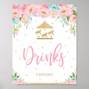 Póster Pink Mint Floral Carousel Birthday Shower Drinks 