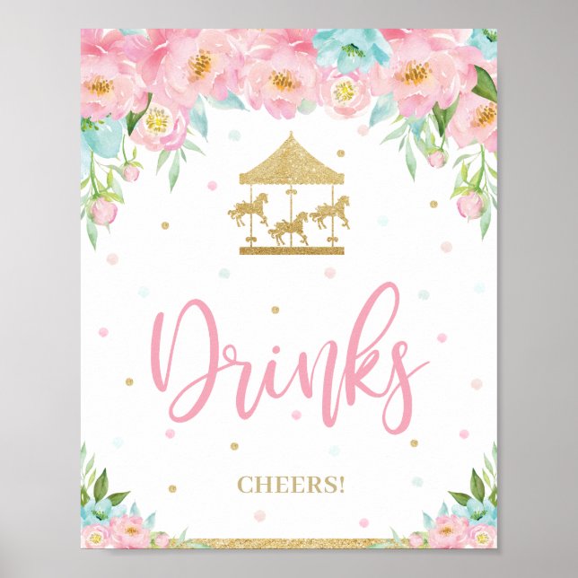 Póster Pink Mint Floral Carousel Birthday Shower Drinks  (Frente)