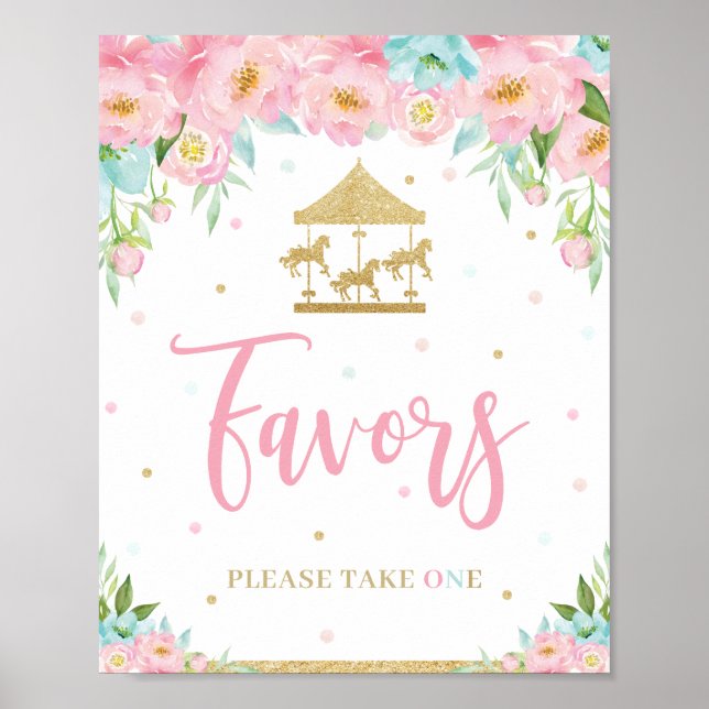 Póster Pink Mint Floral Carrusel Birthday Shower Favor (Frente)