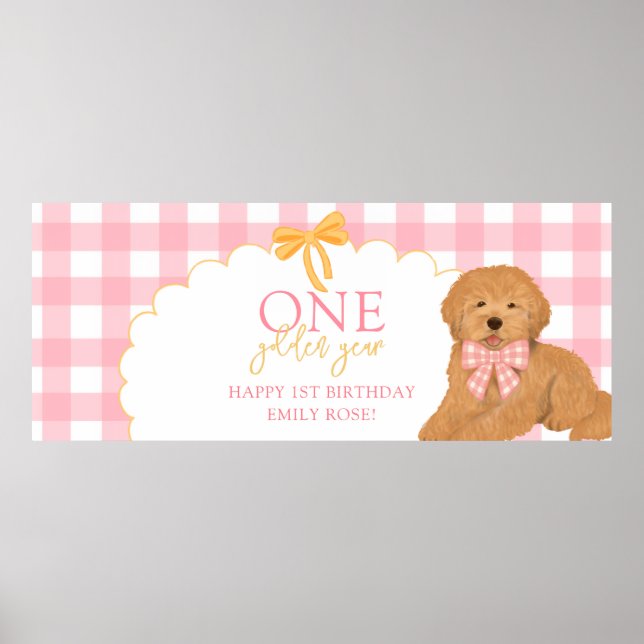 Póster Pink One Golden Year Doodle Puppy 1st Birthday (Frente)