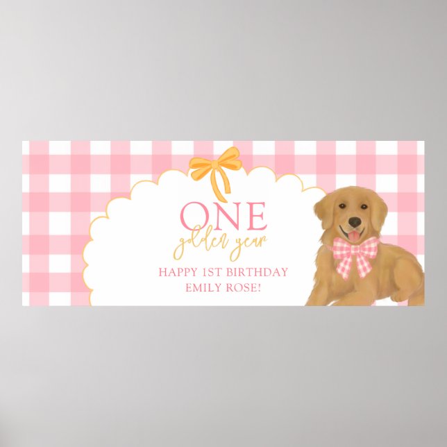 Póster Pink One Golden Year Retriever Puppy 1st Birthday (Frente)