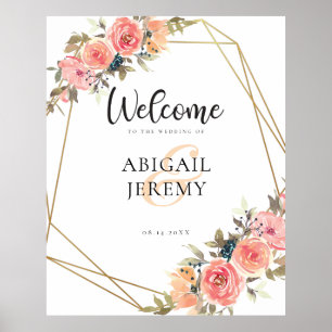 Póster Pink Peach Florals Gold Frame Wedding Welcome