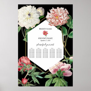 Póster Pink Peonies Flores Boda Gráfico de asientos negro