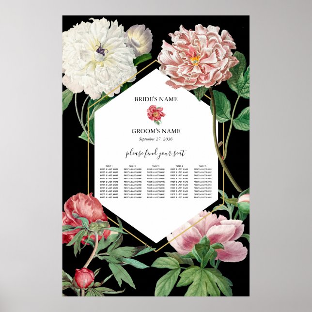 Póster Pink Peonies Flores Boda Gráfico de asientos negro (Frente)