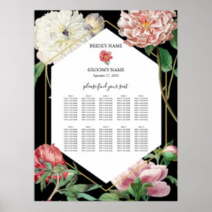 Póster Pink Peonies Flores Boda Gráfico de asientos negro