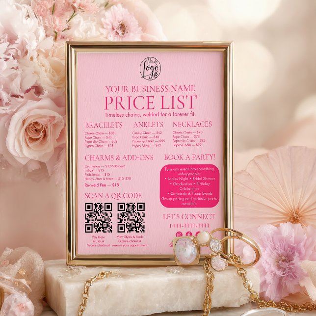 Póster Pink Permanent Jewelry Price List QR code Menu (Pink Permanent Jewelry Price List QR code Menu Poster)