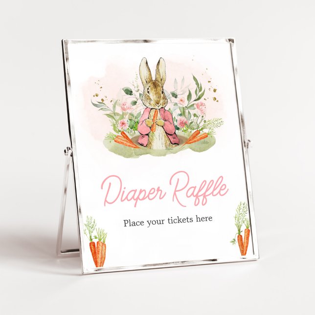 Póster Pink Peter Rabbit Baby Shower Diaper Raffle (A Little Bunny Spring Baby Shower Diaper Raffle Sign)