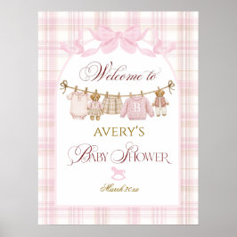 Póster Pink Preppy Teddy Bear Girl Baby Shower Plaid Bow