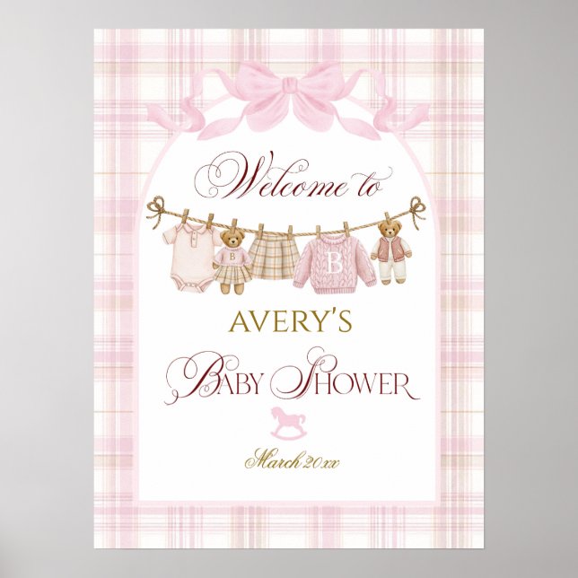 Póster Pink Preppy Teddy Bear Girl Baby Shower Plaid Bow (Frente)