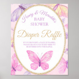 Póster Pink & Purple Butterfly Baby Shower Diaper Raffle