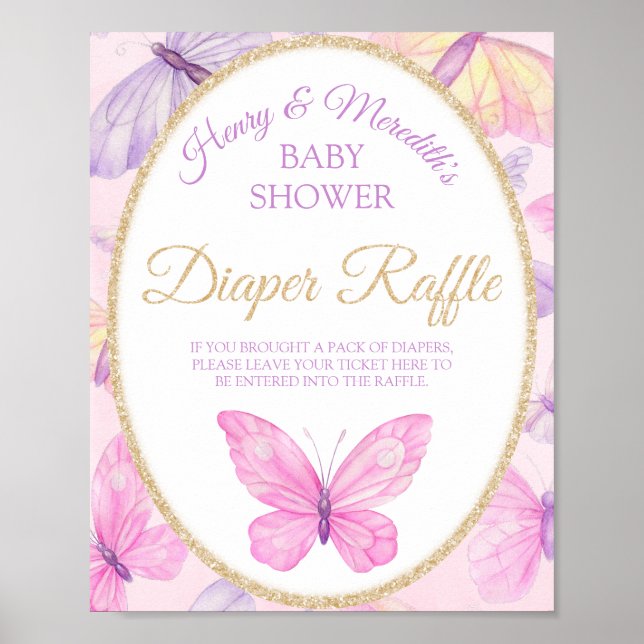 Póster Pink & Purple Butterfly Baby Shower Diaper Raffle (Frente)