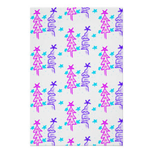 Póster Pink Purple doodle christmas de árbol estrellas de