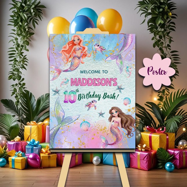 Póster Pink Purple Glitter Mermaids 10th Birthday Welcome (Subido por el creador)