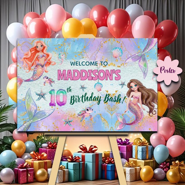 Póster Pink Purple Glitter Mermaids 10th Birthday Welcome (Subido por el creador)