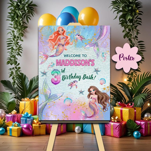 Póster Pink Purple Glitter Mermaids 3rd Birthday Welcome (Subido por el creador)