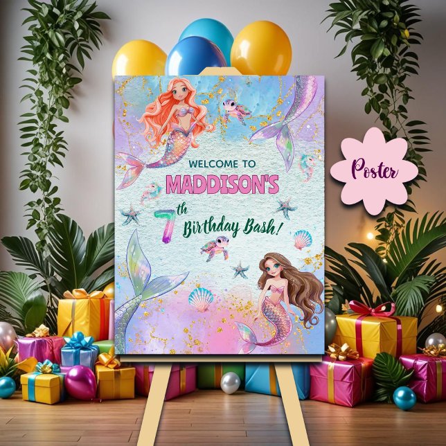 Póster Pink Purple Glitter Mermaids 7th Birthday Welcome (Subido por el creador)