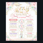 Póster Pink Purple Mint Woodland 1st Birthday Milestone<br><div class="desc">Pretty blush pink,  mint,  purple and gold birthday milestone poster featuring elegant watercolor floral and a group of adorable woodland animals</div>