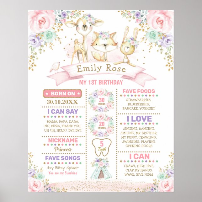 Póster Pink Purple Mint Woodland 1st Birthday Milestone (Frente)