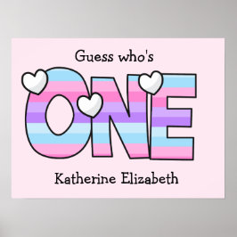 Póster Pink Purple Ombre Stripes Hearts First Birday