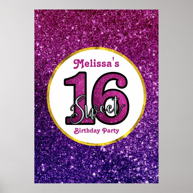 Póster Pink & Purple Sweet 16 Sparkle Glitter Gemstones (Frente)