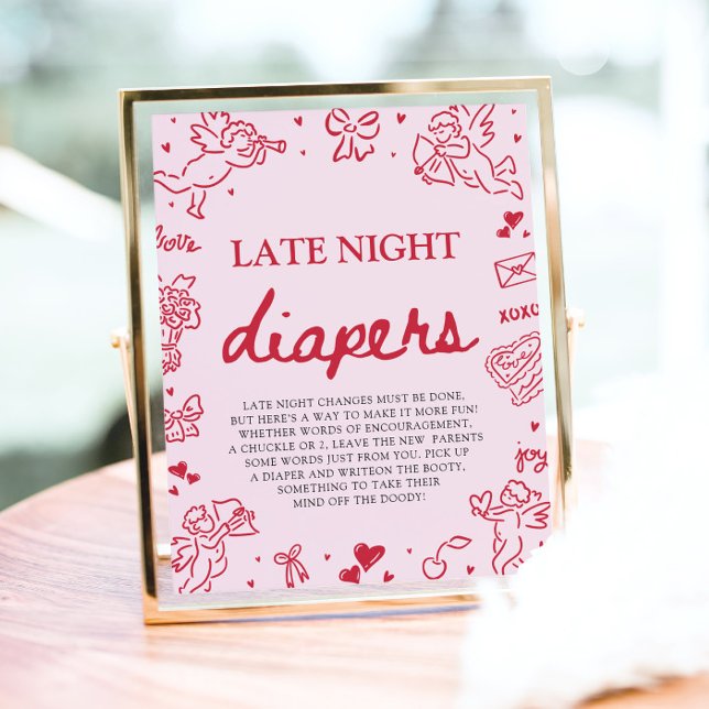 Póster Pink Red Valentine Baby Shower Late Night Diapers (Pink Red Valentine Baby Shower Late Night Diapers Game Sign)