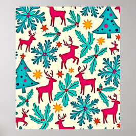 Póster Pink Reindeer Teal Tree Pattern Design