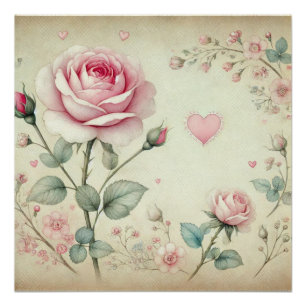 Póster Pink rosa corazón floral vintage color de agua pas
