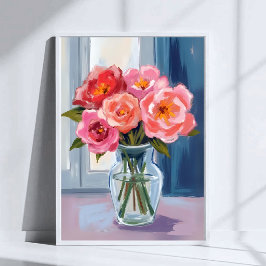 Póster Pink Rose Bouquet Glass Vase Romantic Floral