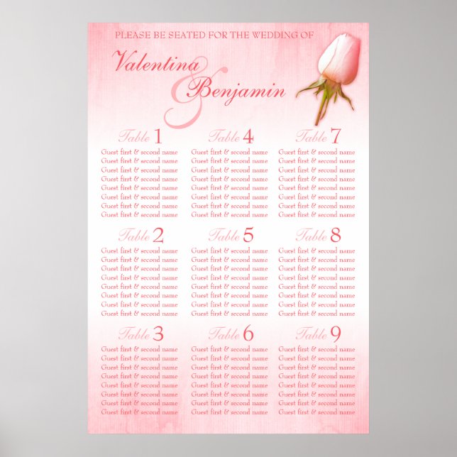 Póster Pink Rose Bud Wedding Seating Table Planner 1-9 (Frente)