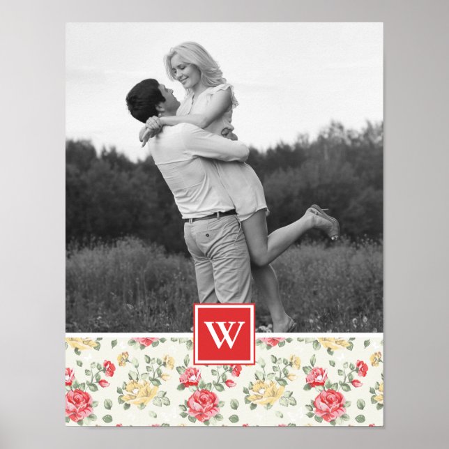 Póster Pink Rose Elegant Wallpaper | Photo with Monogram (Frente)