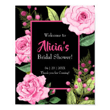 Pink Roses on Black Bridal Shower Welcome