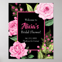 Póster Pink Roses on Black Bridal Shower Welcome