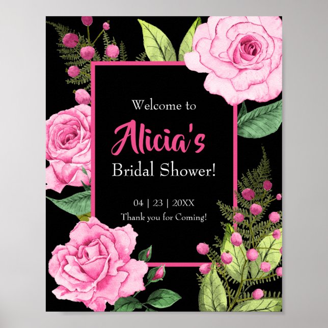 Póster Pink Roses on Black Bridal Shower Welcome (Frente)