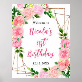 Póster Pink Roses with Foliage Birthday Welcome