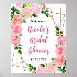 Póster Pink Roses with Foliage Bridal Shower Welcome