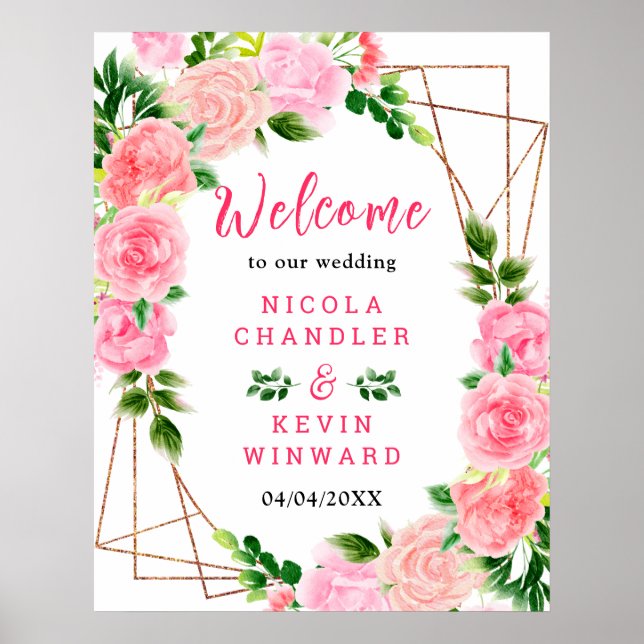 Póster Pink Roses with Foliage Wedding Welcome Sign (Frente)