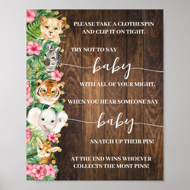Póster Pink Safari Don't Say Baby Clothespin Shower Game (Frente)