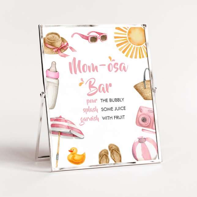 Póster Pink Splish Splash Baby Shower Mom Osa Bar (Girl Summer Beach Baby Shower Mom Osa Bar Sign)