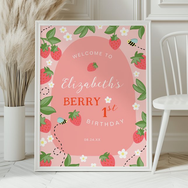 Póster Pink Strawberry Berry First Birthday Welcome (Subido por el creador)