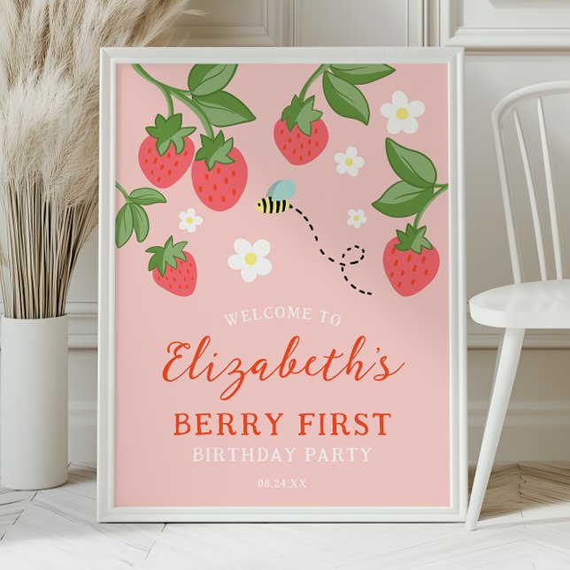 Póster Pink Strawberry Berry First Birthday Welcome (Subido por el creador)