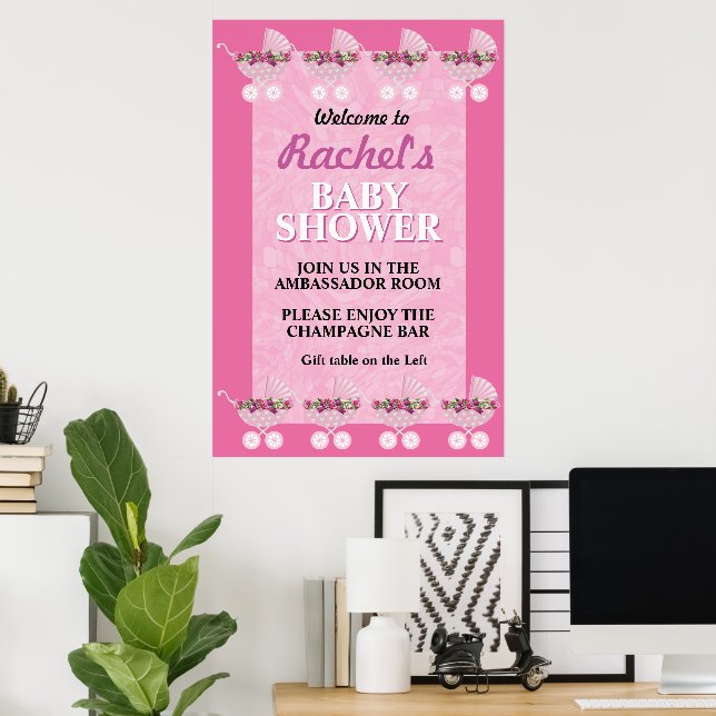 Póster Pink Stroller Girl Baby Shower Welcome Poster (Oficina en casa)