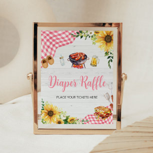 Póster Pink Sunflower BBQ Baby Shower Diaper Raffle