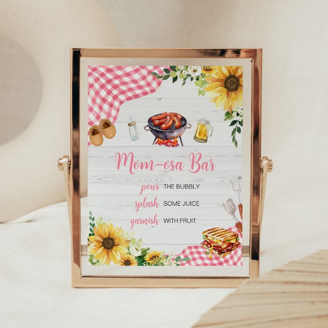 Póster Pink Sunflower BQ Baby Shower Mom Osa Bar (Baby- Q Backyard Baby Shower Mom Osa Bar Sign)